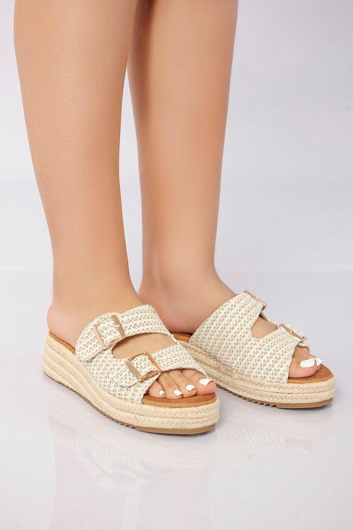 Bree Double Buckle Woven Platform Slide - Beige