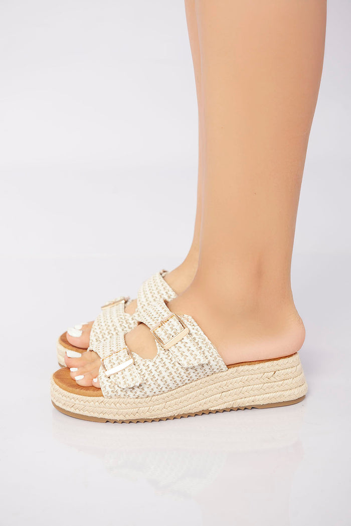 bree Double Buckle Woven Platform Slide - Beige