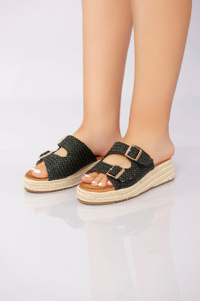 Bree Double Buckle Woven Platform Slide - Black