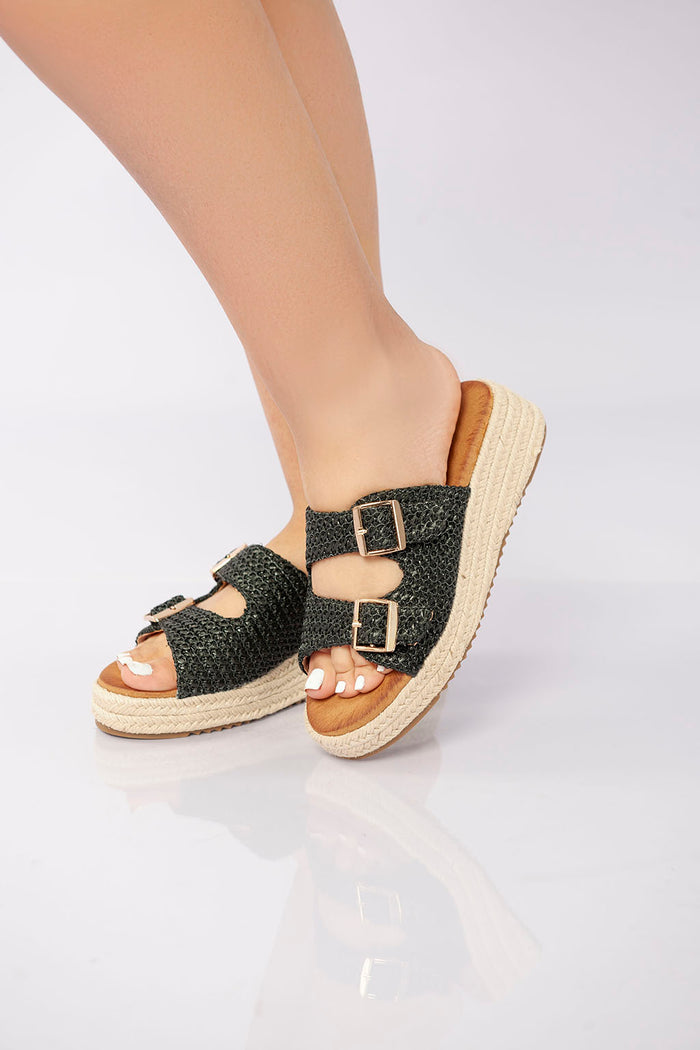 Bree Double Buckle Woven Platform Slide - Black