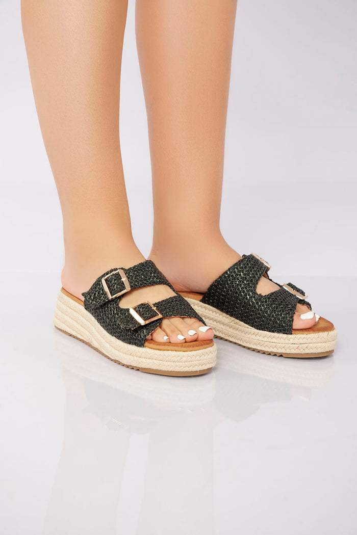 Bree Double Buckle Woven Platform Slide - Black