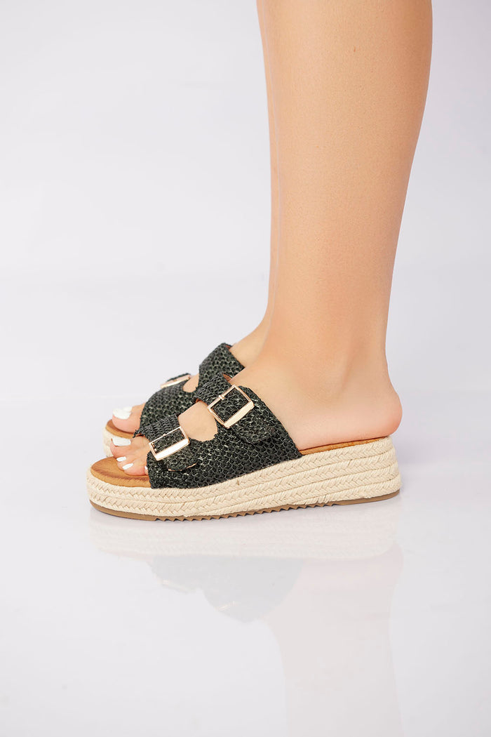 bree Double Buckle Woven Platform Slide - Black
