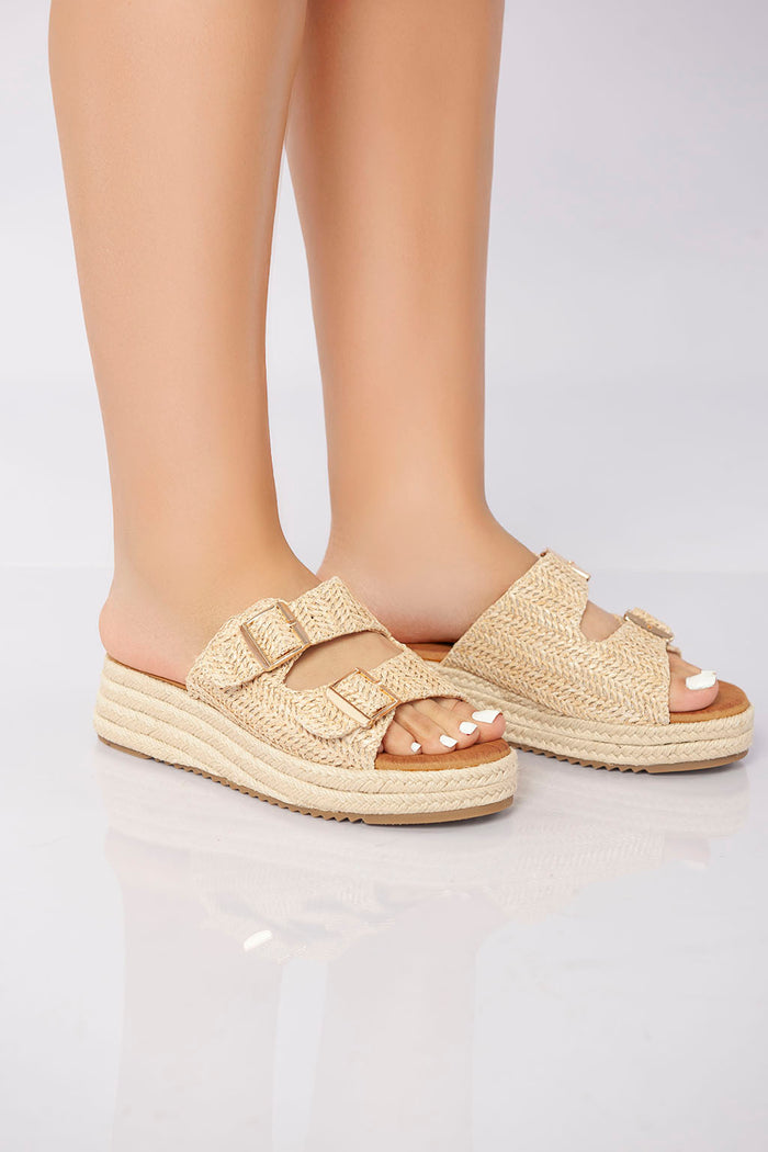 Bree Double Buckle Woven Platform Slide - Khaki