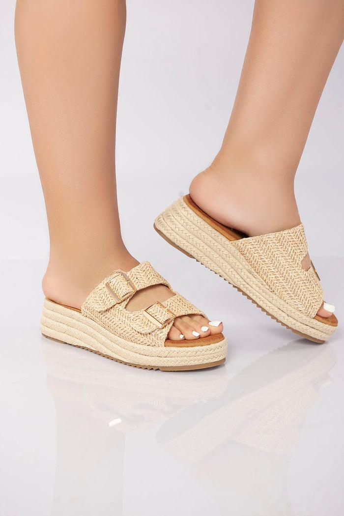 Bree Double Buckle Woven Platform Slide - Khaki