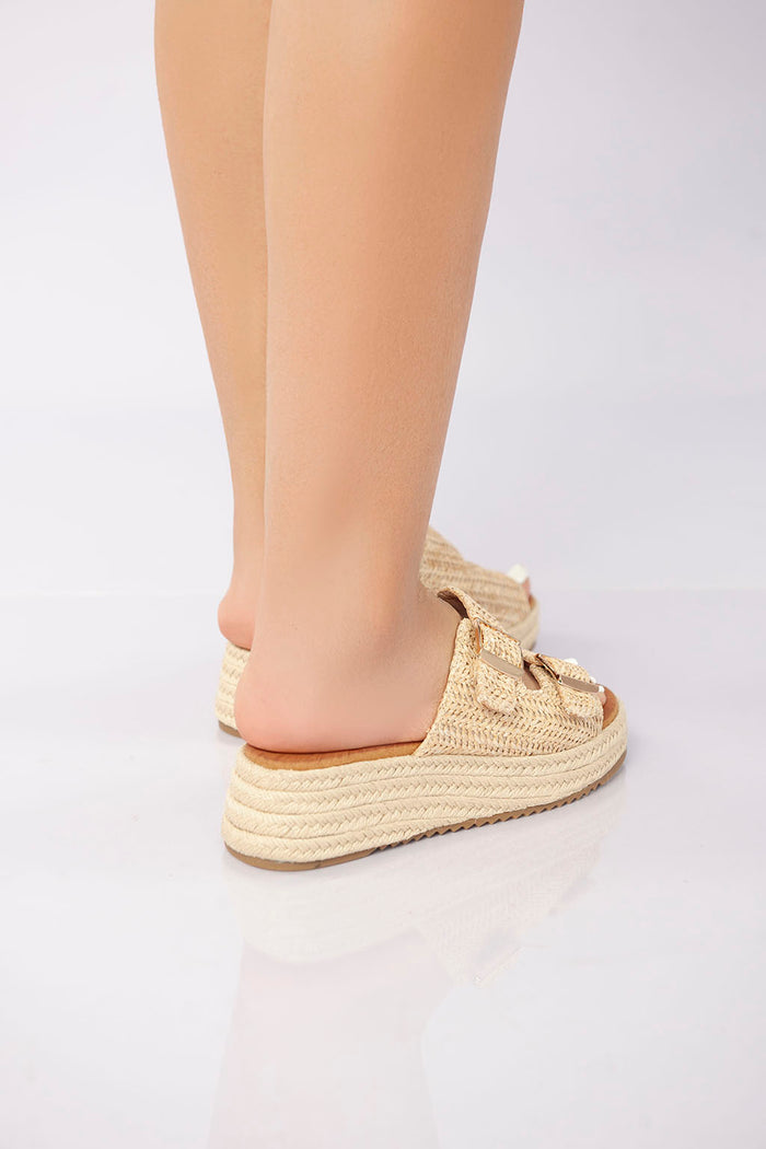 Bree Double Buckle Woven Platform Slide - Khaki