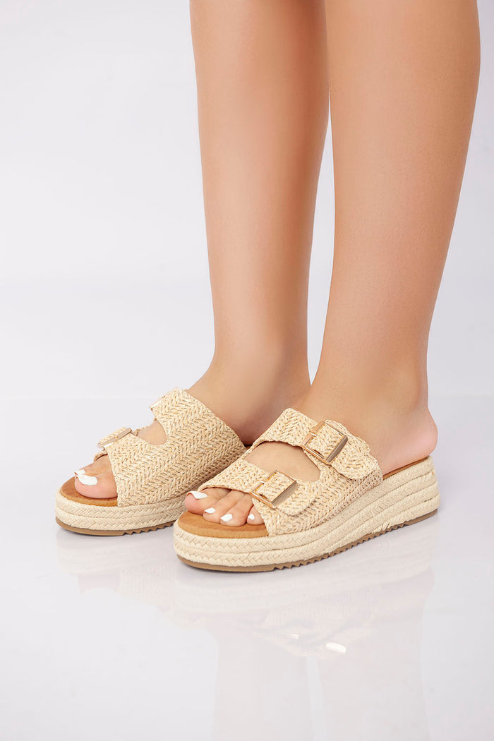 bree Double Buckle Woven Platform Slide - Khaki