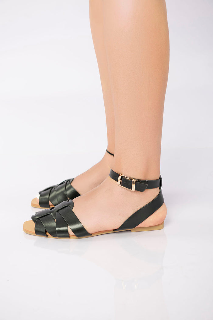 bree Flat Ankle-Strap Woven Sandal - Black