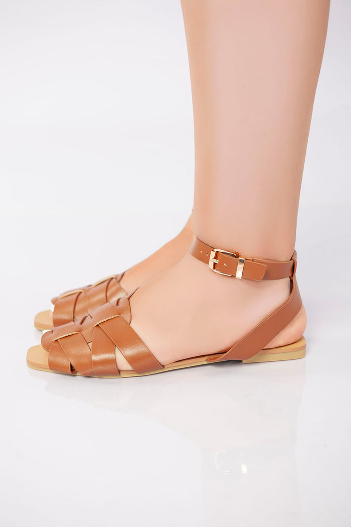 bree Flat Ankle-Strap Woven Sandal - Camel