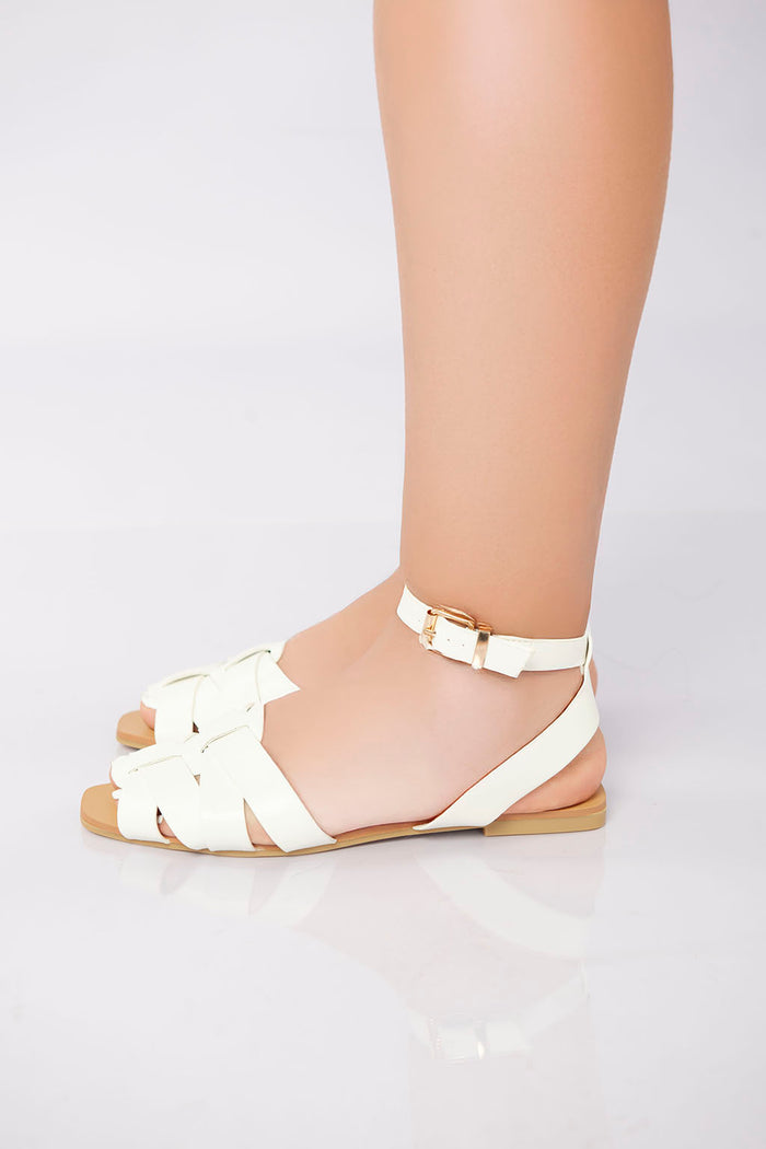 bree Flat Ankle-Strap Woven Sandal - White