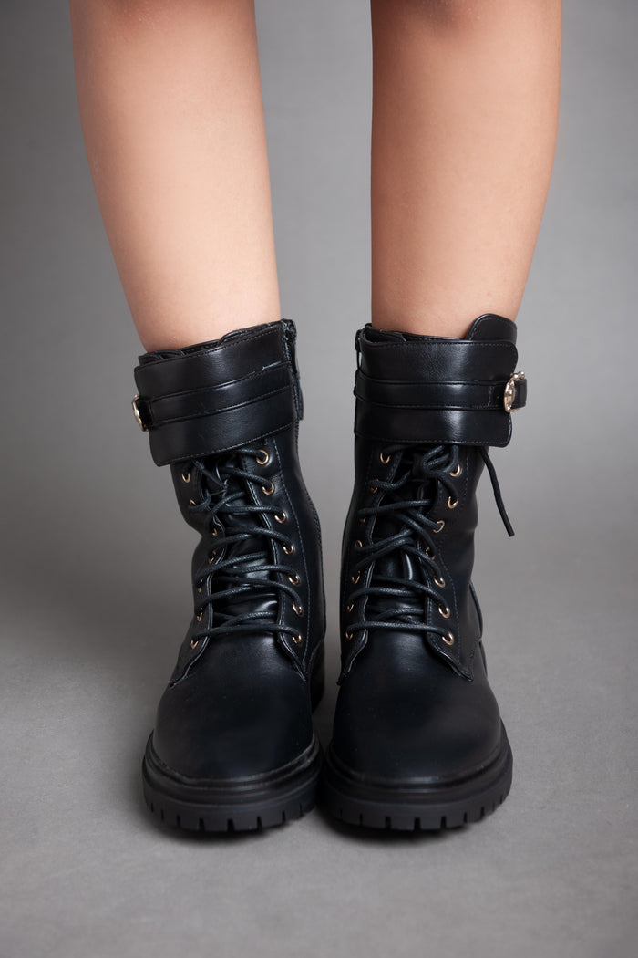 Bree Golden Pin Lace Half Boot - Black