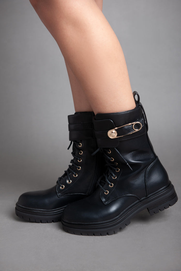 bree Golden Pin Lace Half Boot - Black