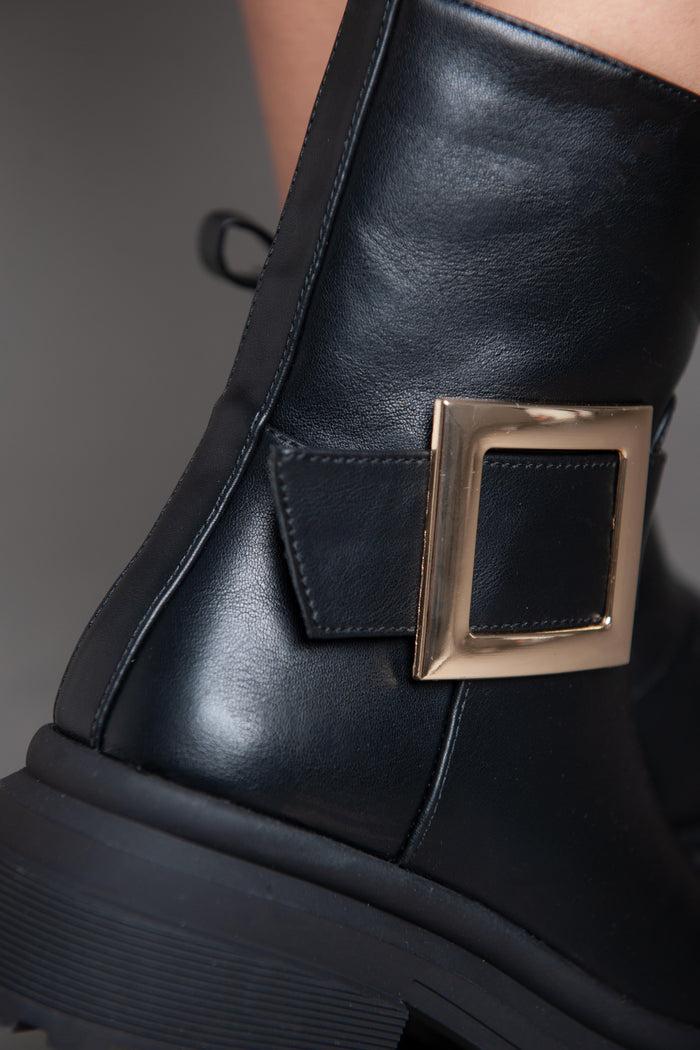 Bree Golden Square Strap Half Boot - Black