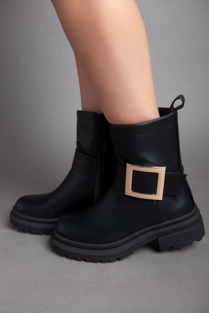 bree Golden Square Strap Half Boot - Black