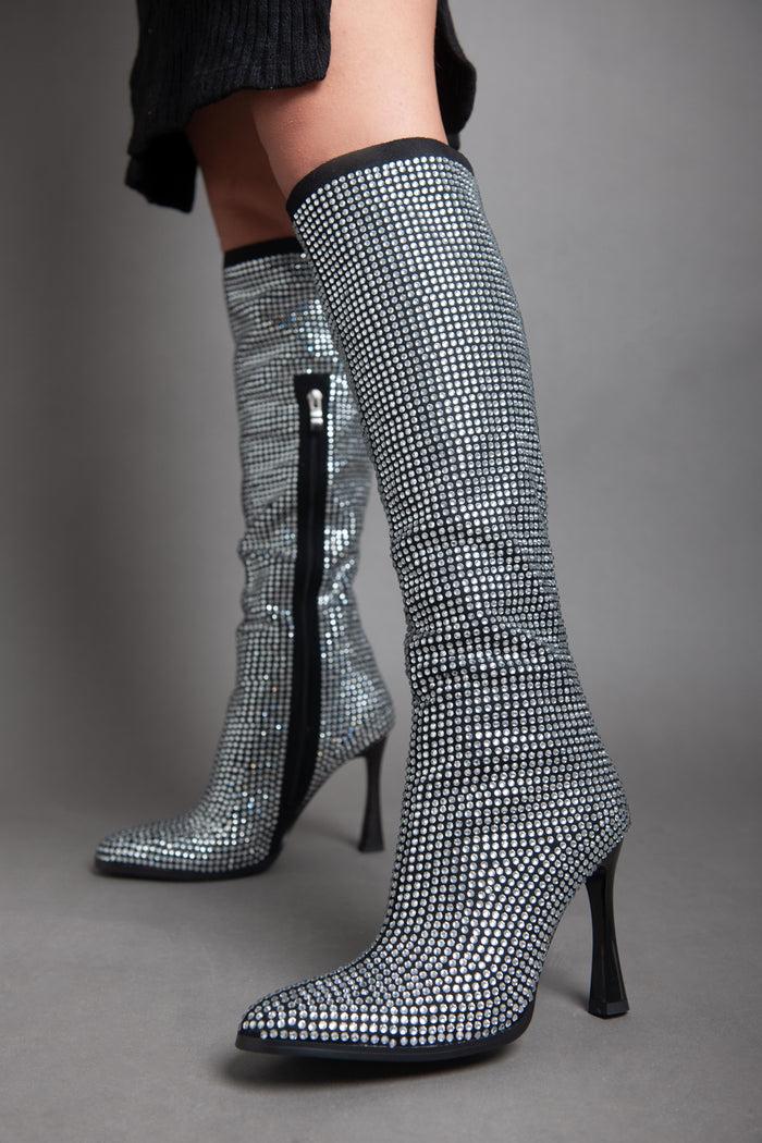 Bree High Heel Disco Spark- Knee Boot - Silver