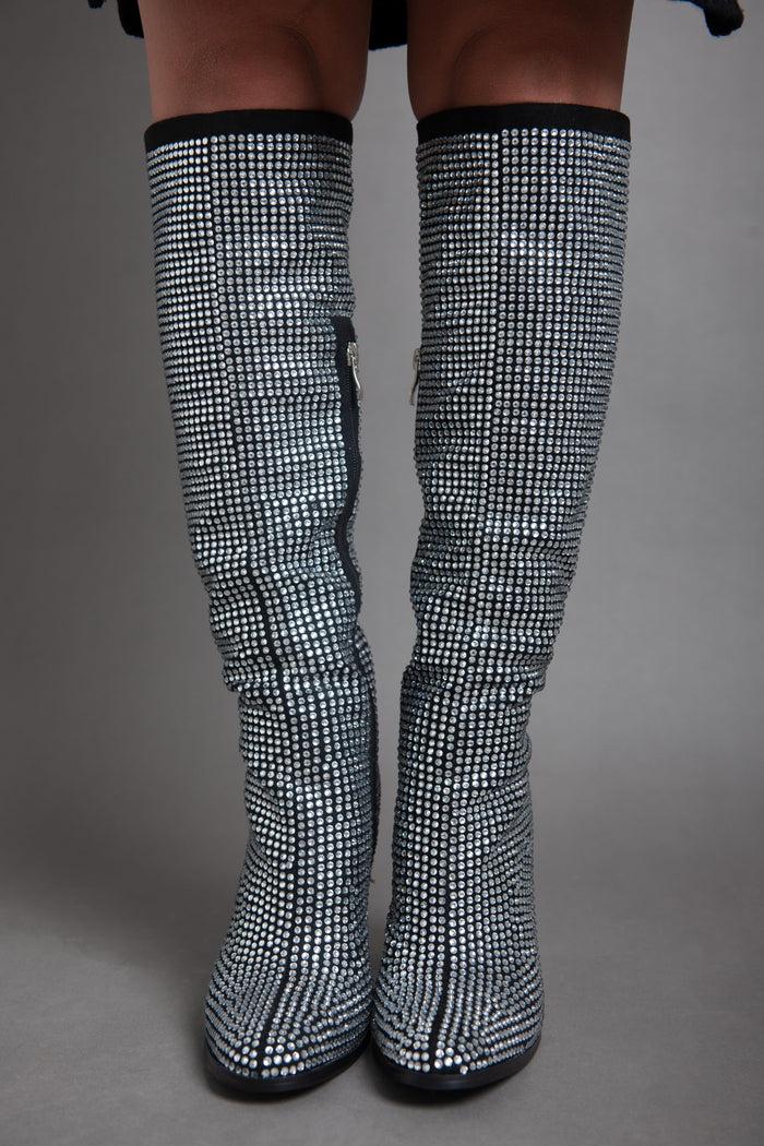 bree High Heel Disco Spark- Knee Boot - Silver