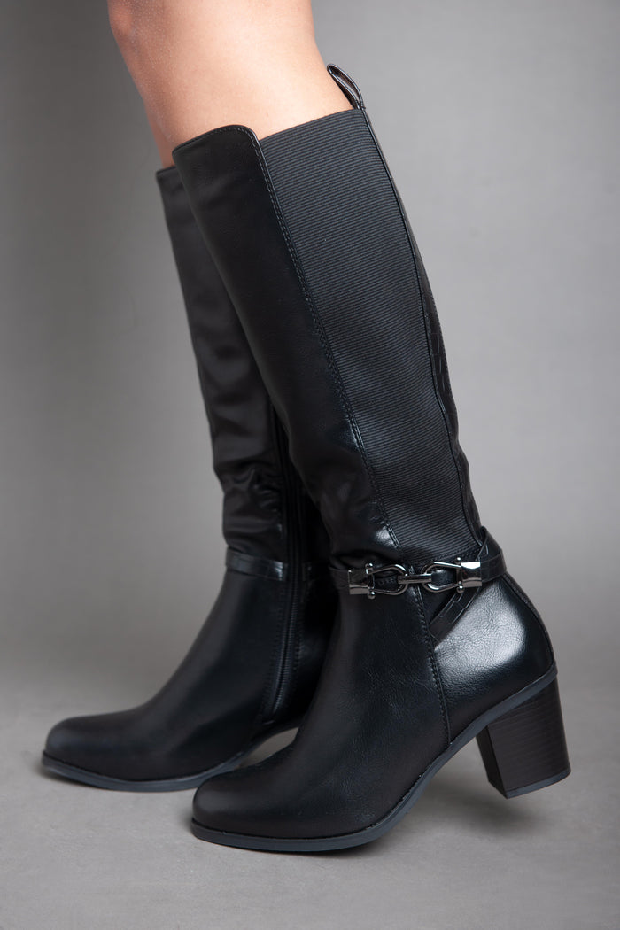 Bree Leather Strap With Chains - Knee Boot - Black