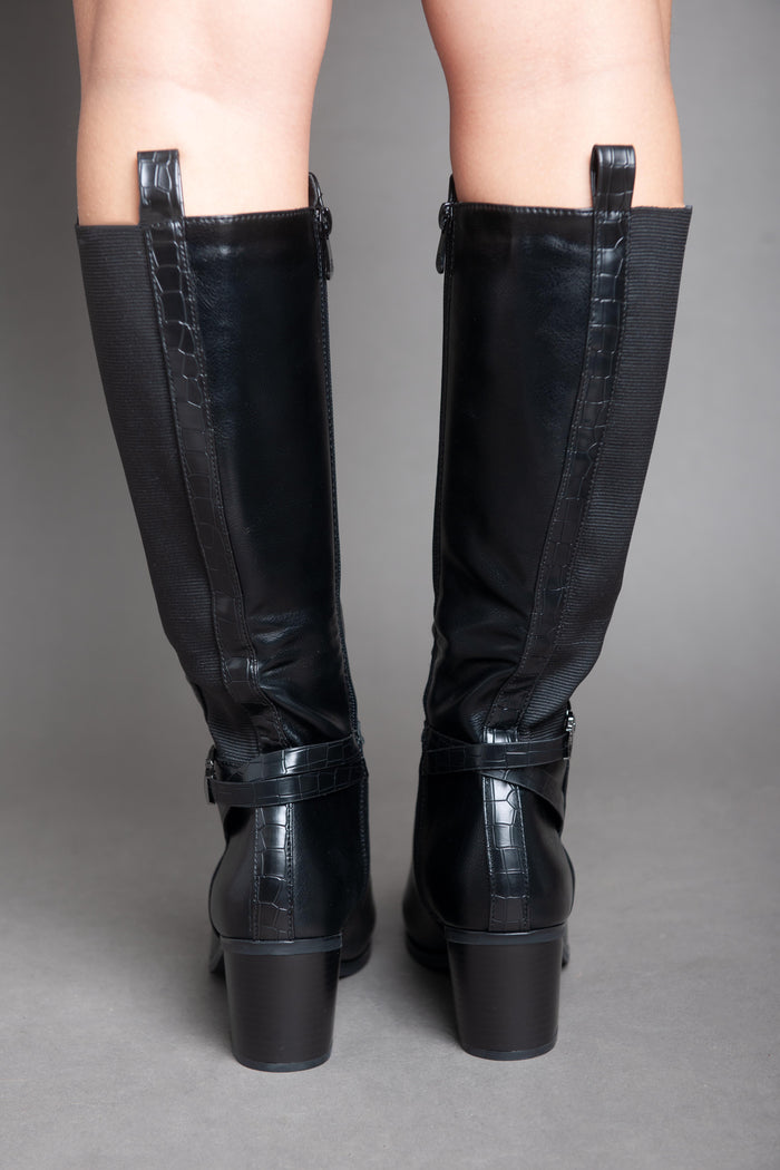 Bree Leather Strap With Chains - Knee Boot - Black