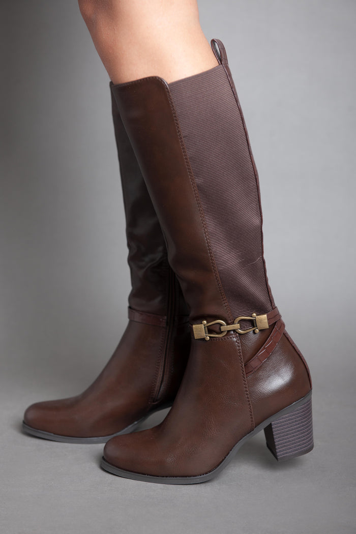 Bree Leather Strap With Chains - Knee Boot - Brown