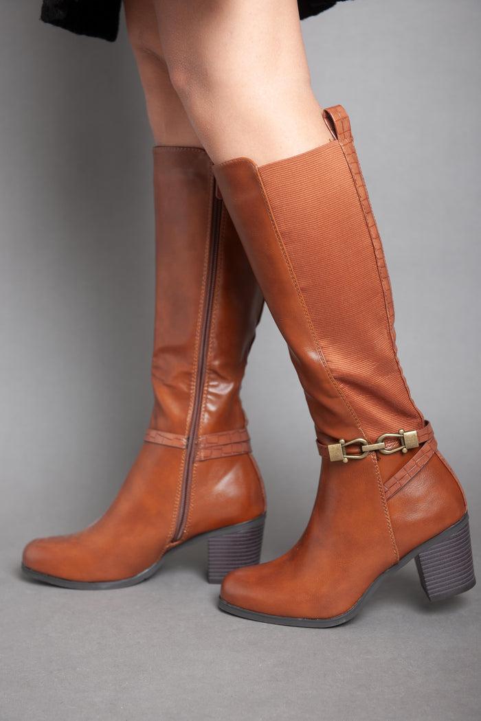 Bree Leather Strap With Chains - Knee Boot - Camel