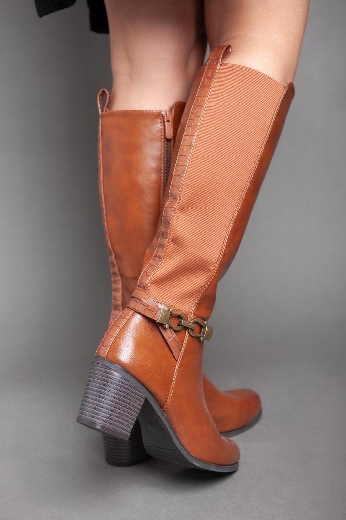 Bree Leather Strap With Chains - Knee Boot - Camel