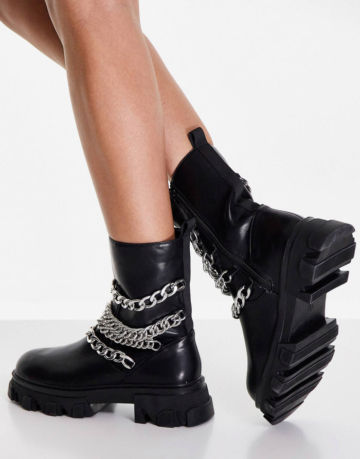 Bree Metal Chain Ankle Boots - Black