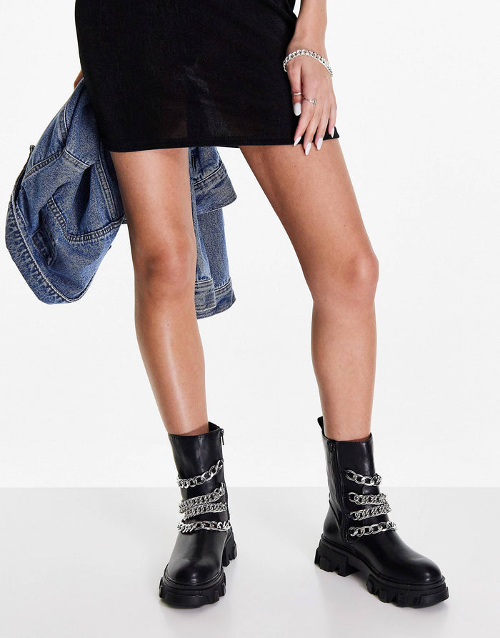 Bree Metal Chain Ankle Boots - Black