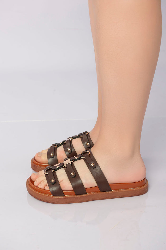 bree Open-Toe Strappy Slide - Brown