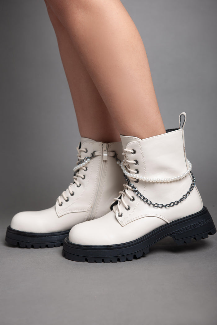 Bree Pearl Chain Matte Ankle Boot - Beige