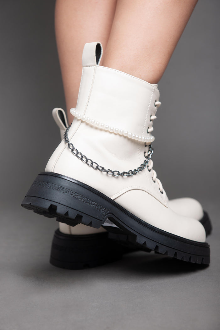 Bree Pearl Chain Matte Ankle Boot - Beige