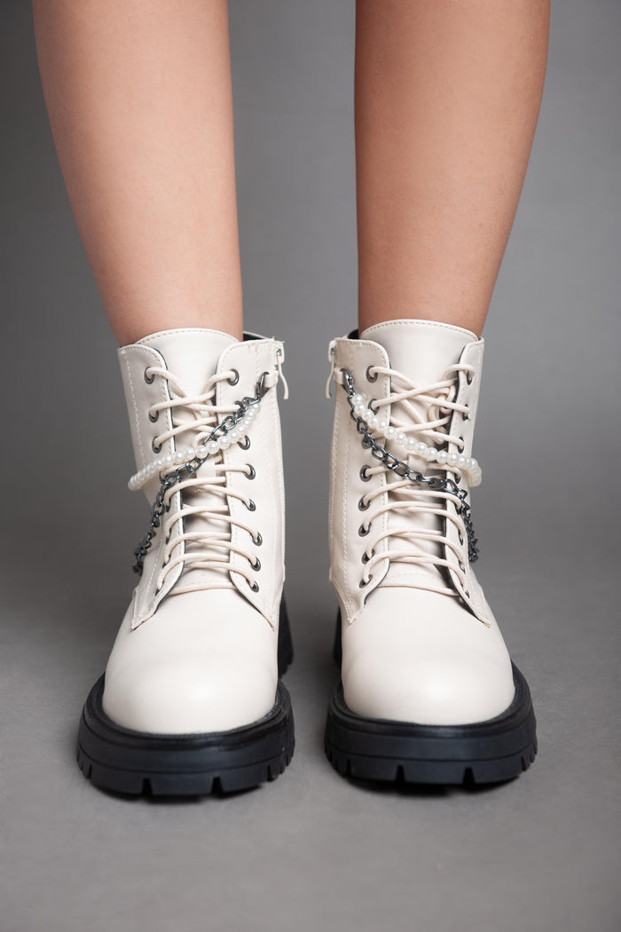 bree Pearl Chain Matte Ankle Boot - Beige