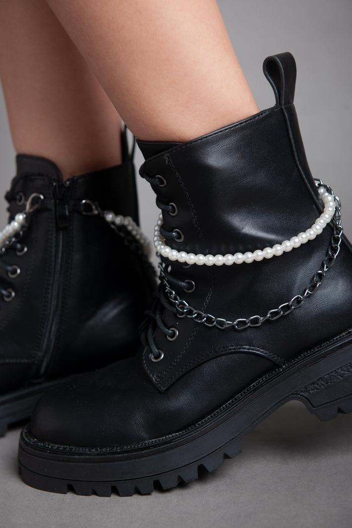 Bree Pearl Chain Matte Ankle Boot - Black