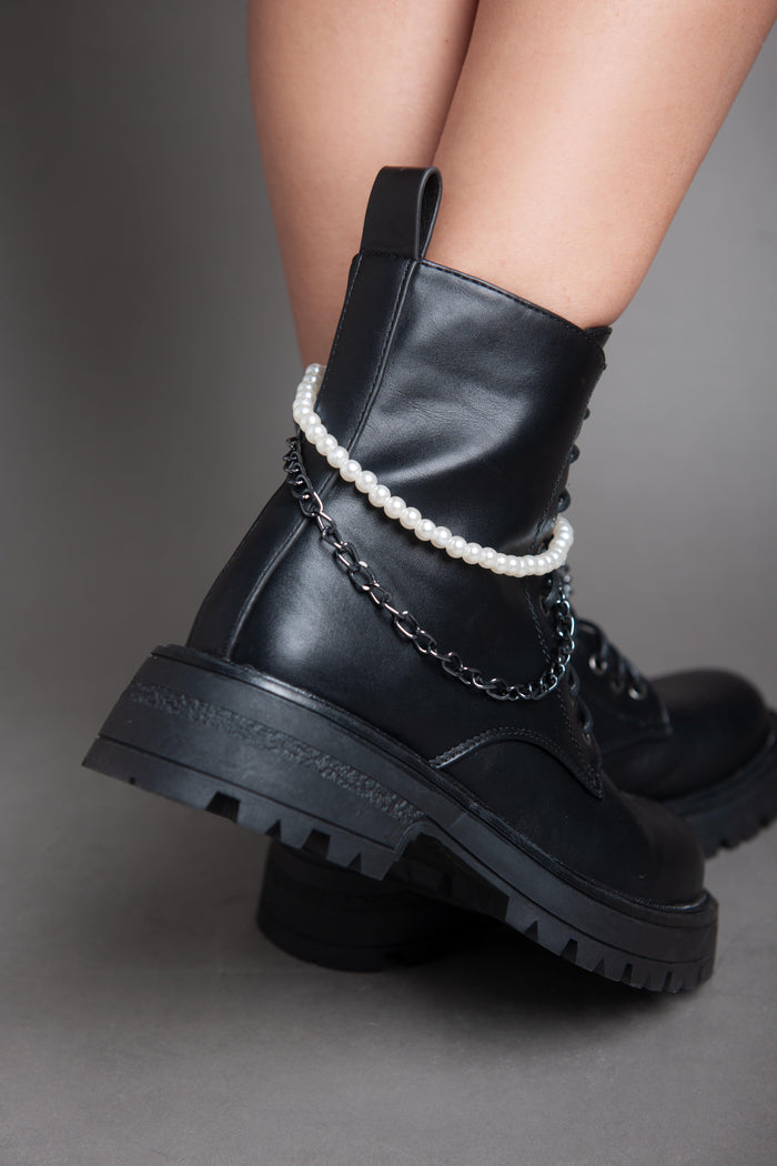Bree Pearl Chain Matte Ankle Boot - Black