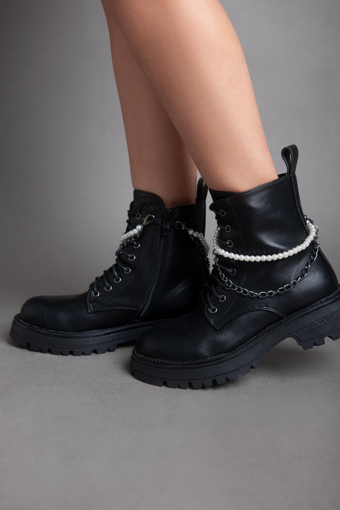 Bree Pearl Chain Matte Ankle Boot - Black