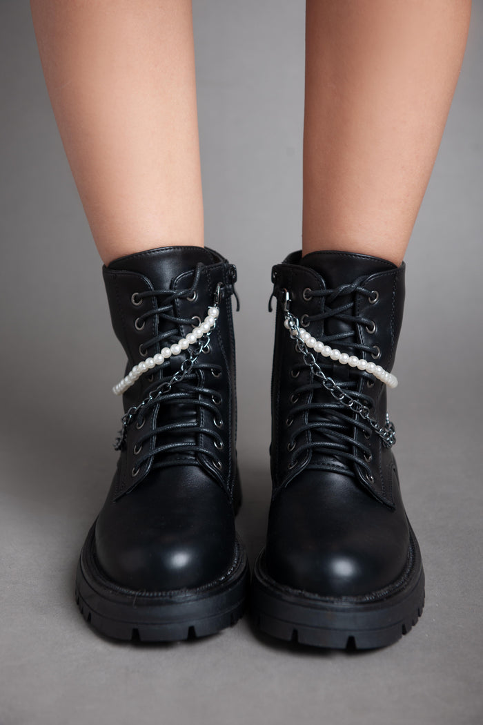 bree Pearl Chain Matte Ankle Boot - Black