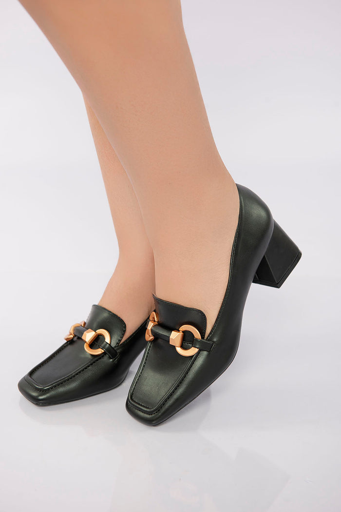 Bree Square Toe Heeled Loafer - Black
