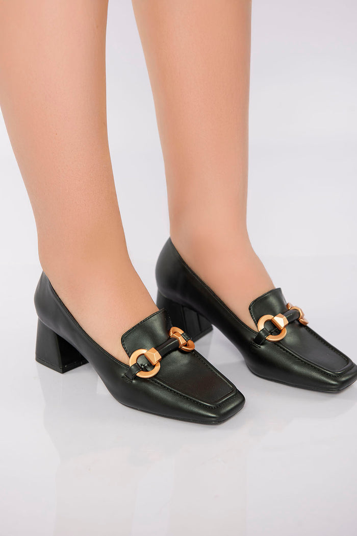 Bree Square Toe Heeled Loafer - Black