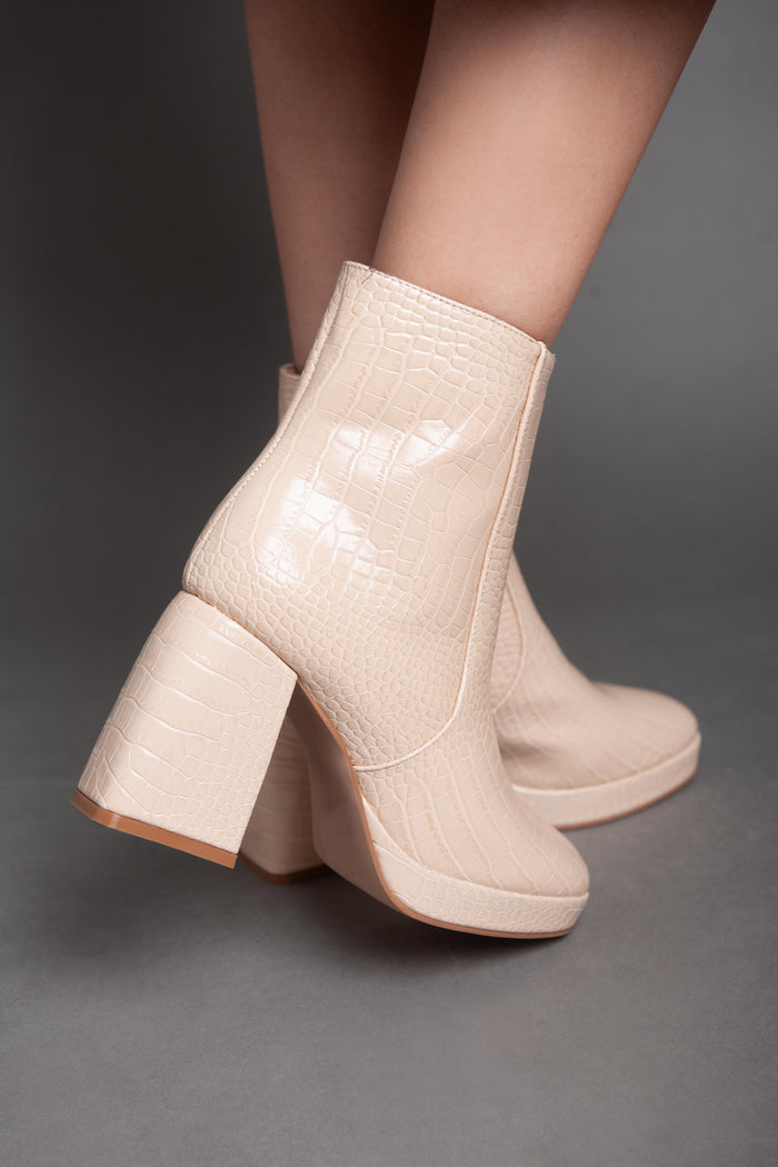 Bree Squared Heel Leather Half Boot - Beige