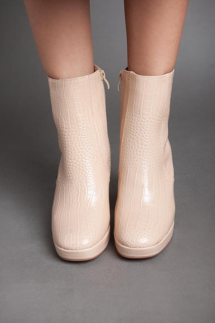 Bree Squared Heel Leather Half Boot - Beige