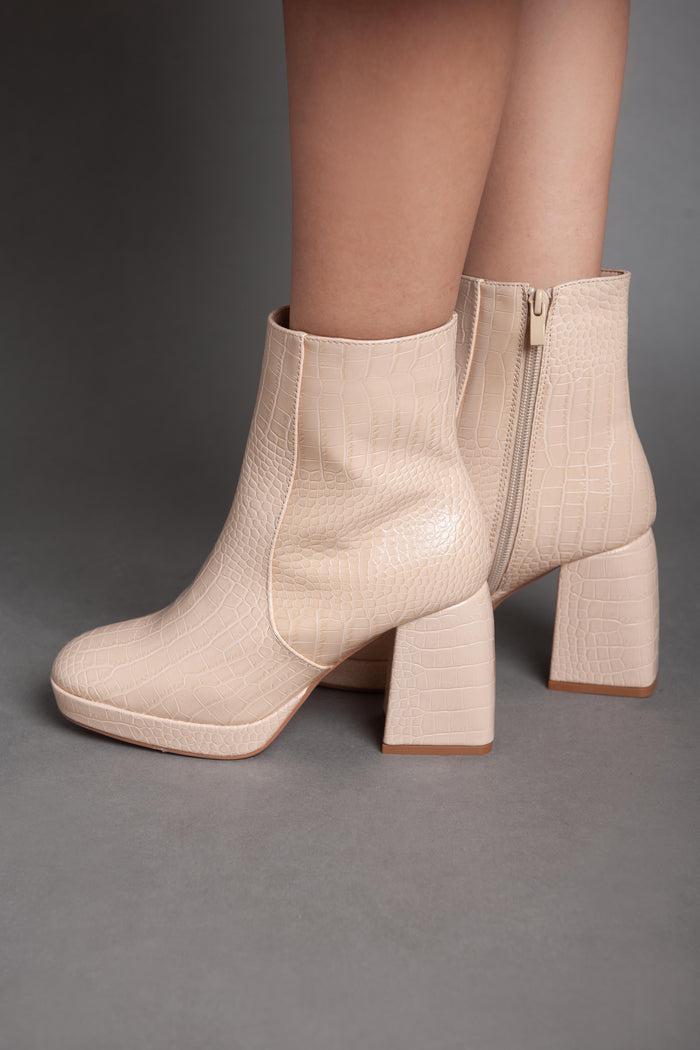 bree Squared Heel Leather Half Boot - Beige