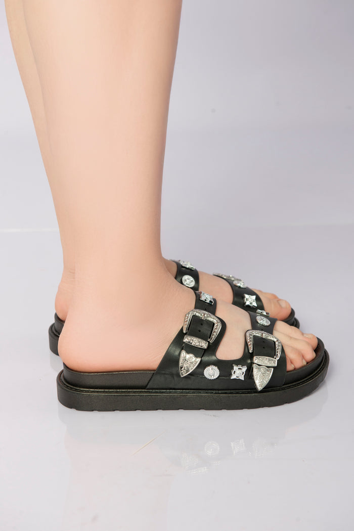 Bree Stellar Buckle Luxe Slippers - Black