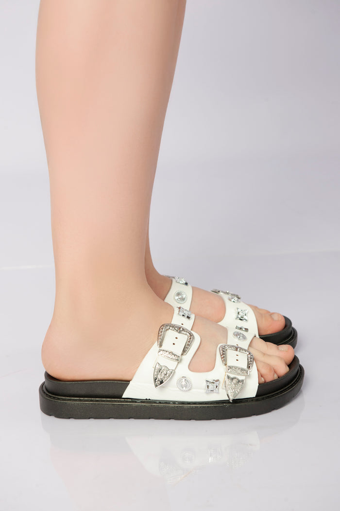 Bree Stellar Buckle Luxe Slippers - White
