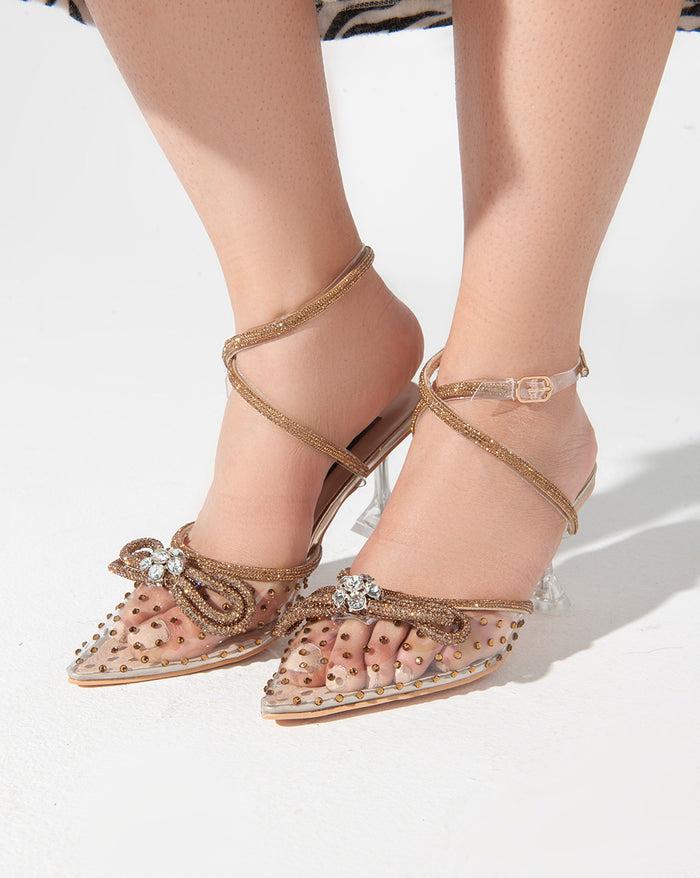 bree Strass Ribbon Ankle Strap - Sandals - Gold