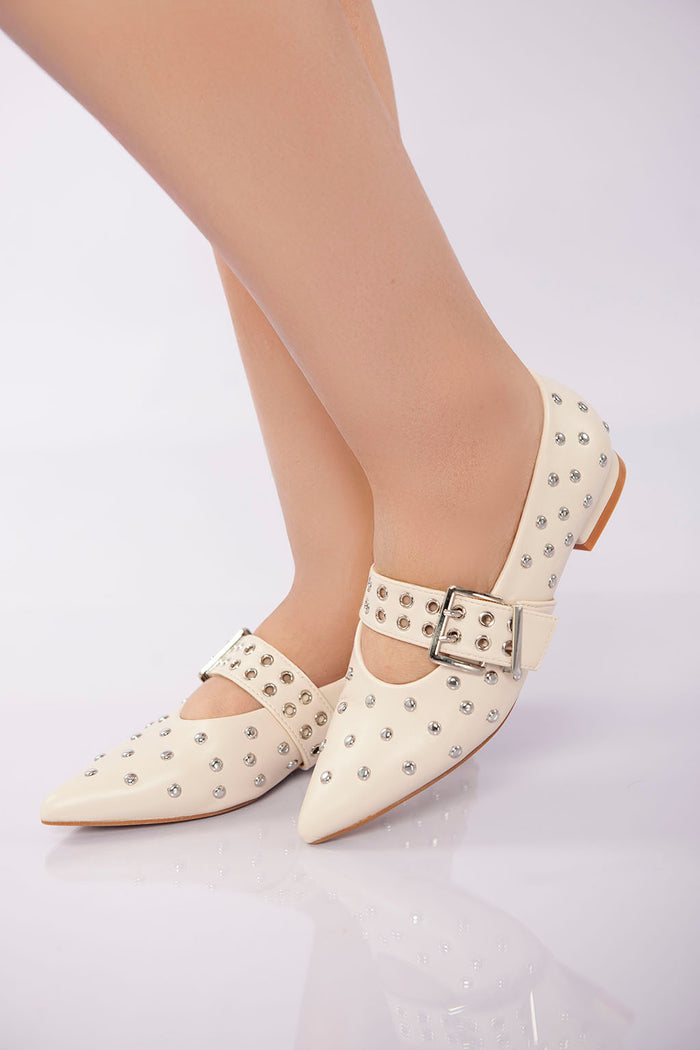 Bree Studded Buckle Strap Flat - Beige