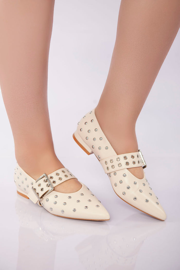 Bree Studded Buckle Strap Flat - Beige