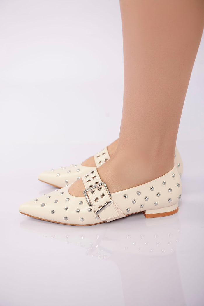 bree Studded Buckle Strap Flat - Beige