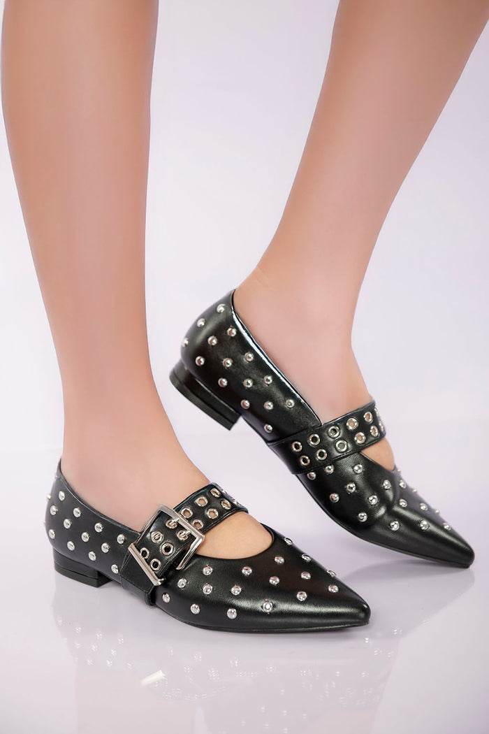 Bree Studded Buckle Strap Flat - Black