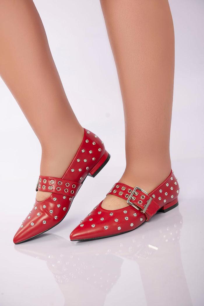 Bree Studded Buckle Strap Flat - Maroon
