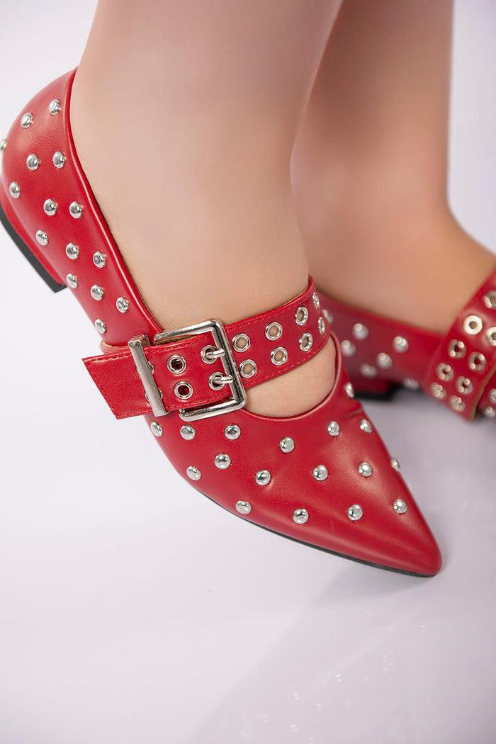 Bree Studded Buckle Strap Flat - Maroon