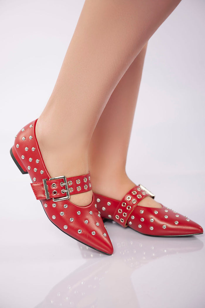 Bree Studded Buckle Strap Flat - Maroon