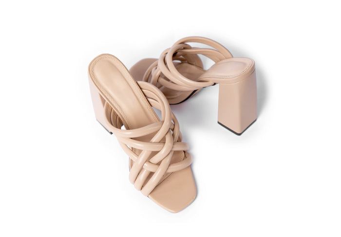 Bree Strappy Chunky Heeled Mules - Sandal Heels - Beige